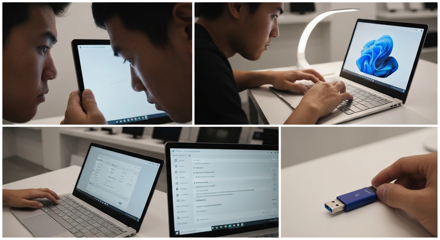 Hình ảnh minh họa các bước kiểm tra Surface Laptop cũ trước khi mua.