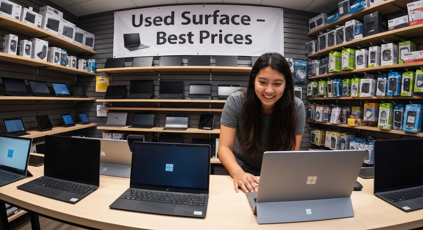 Ảnh chụp một cửa hàng bán Surface cũ với nhiều mẫu máy được trưng bày.