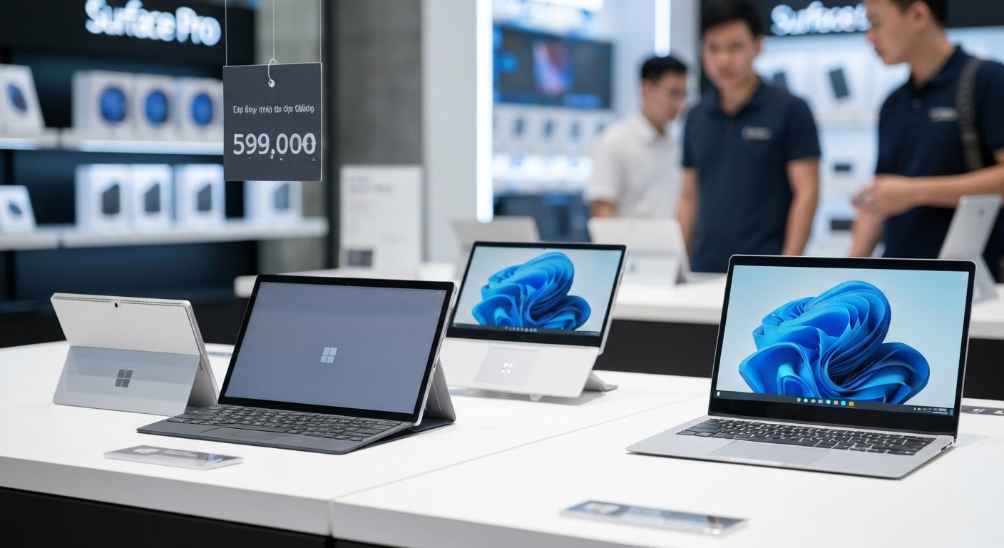 Ảnh minh họa các dòng máy Surface phổ biến như Surface Pro, Surface Go, Surface Laptop và Surface Book.
