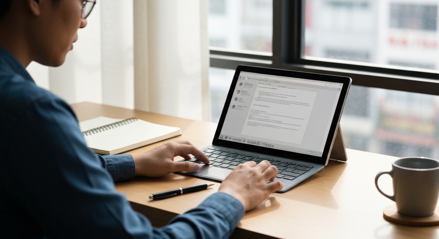 Hình ảnh một người đang sử dụng Surface Go cũ trên bàn làm việc, minh họa tính di động và tiện lợi của thiết bị.