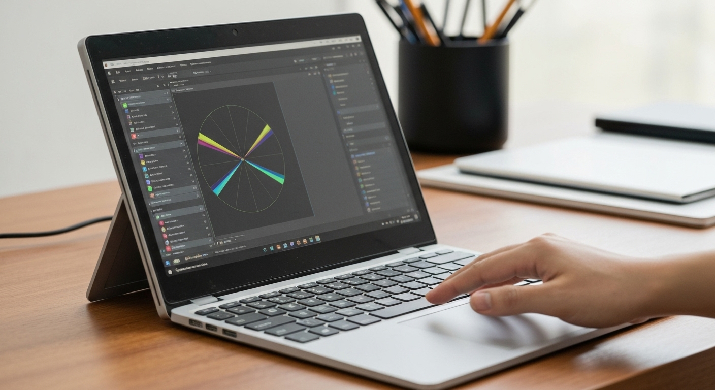 Một chiếc Surface Book cũ đang được sử dụng để thiết kế đồ họa, thể hiện khả năng xử lý mạnh mẽ của máy.