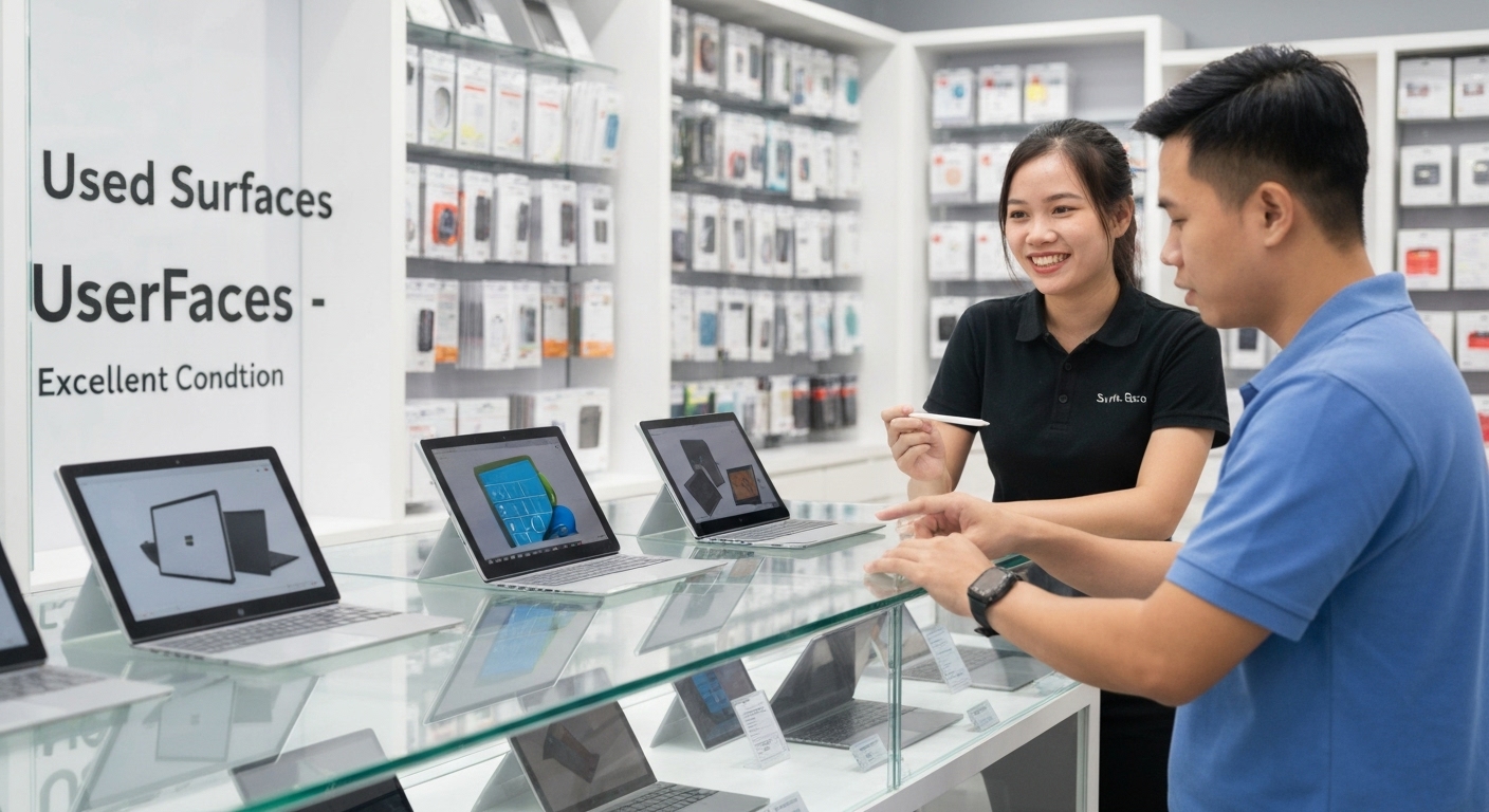 Hình ảnh một cửa hàng bán Surface cũ uy tín tại Hà Nội, với nhân viên đang tư vấn cho khách hàng.