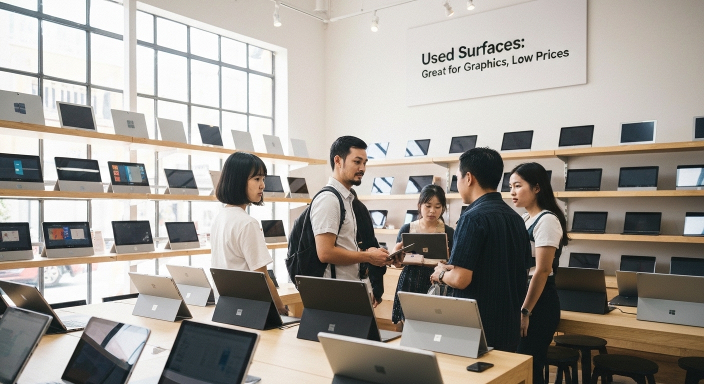 Bên trong một cửa hàng bán Surface cũ, với nhiều mẫu máy được trưng bày.