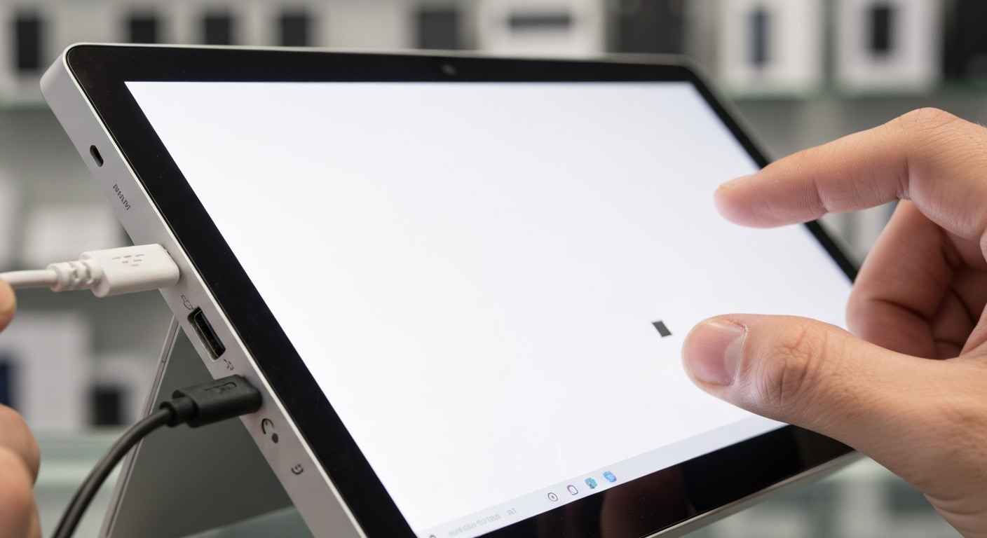 Hình ảnh minh họa quy trình kiểm tra Surface cũ trước khi mua, tập trung vào màn hình và các cổng kết nối.