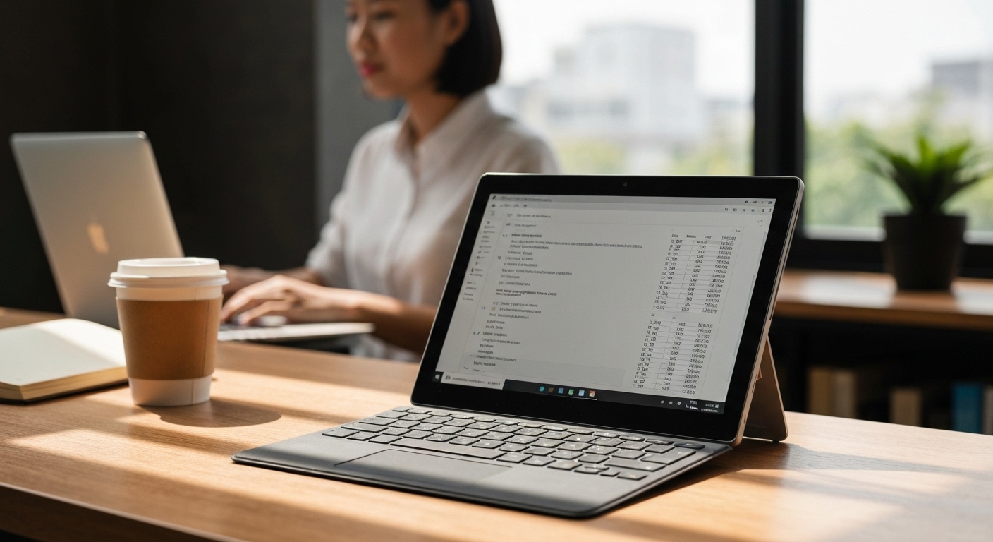 Hình ảnh Surface Pro cũ với bàn phím Type Cover, thể hiện tính di động và khả năng làm việc.