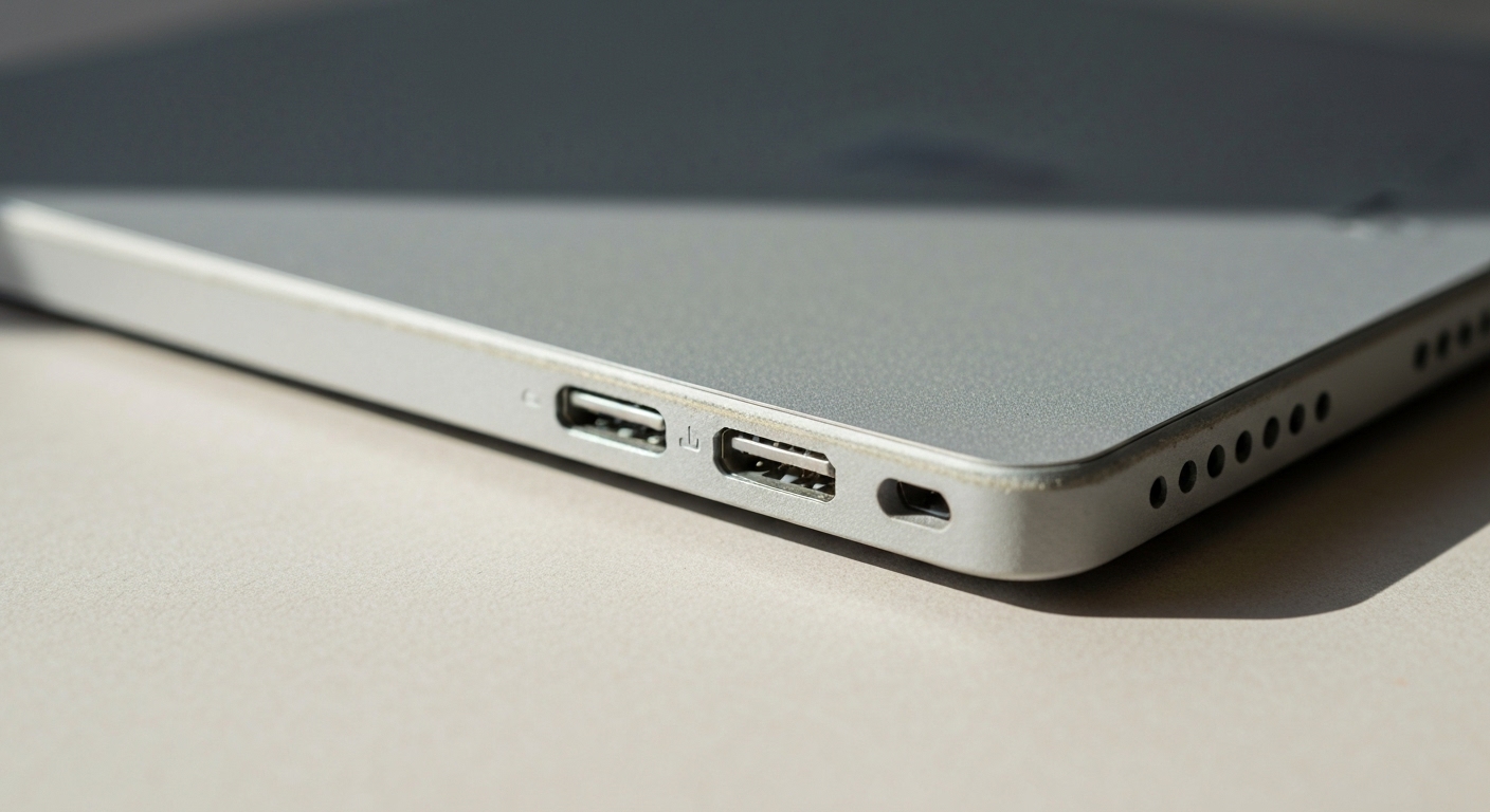 Ảnh cận cảnh một chiếc Surface Pro cũ, nhấn mạnh vào các cổng kết nối và tình trạng bên ngoài của máy.