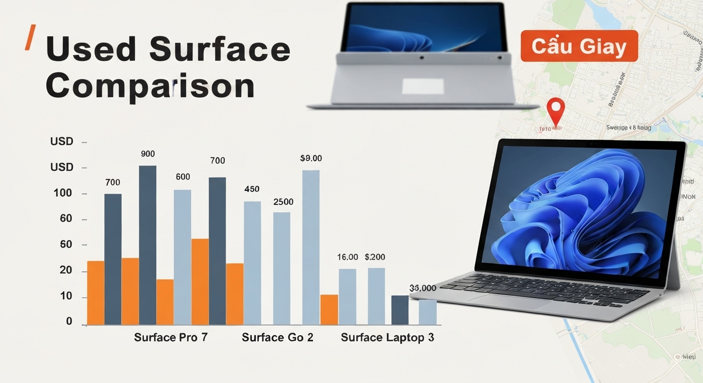 Biểu đồ so sánh giá các dòng Surface cũ phổ biến như Pro, Go, Laptop để giúp người mua dễ dàng hình dung mức giá.