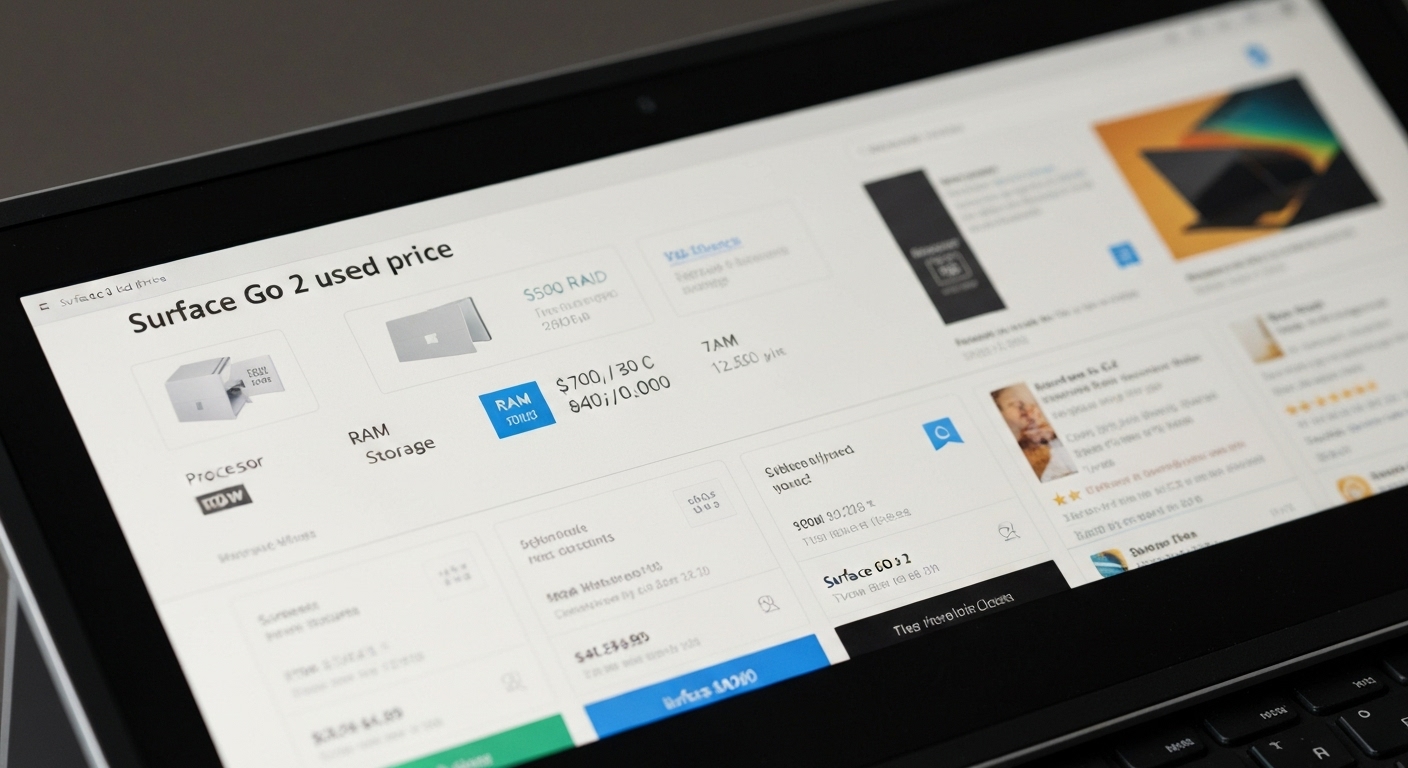 Hình ảnh cấu hình chi tiết của Surface Go 2 hiển thị trên màn hình.