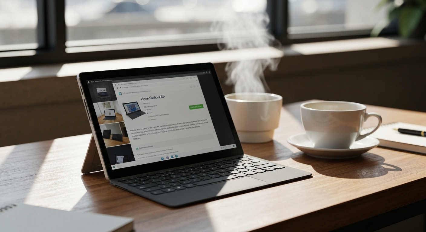 Một chiếc Surface Go cũ đang được sử dụng trên bàn cà phê.