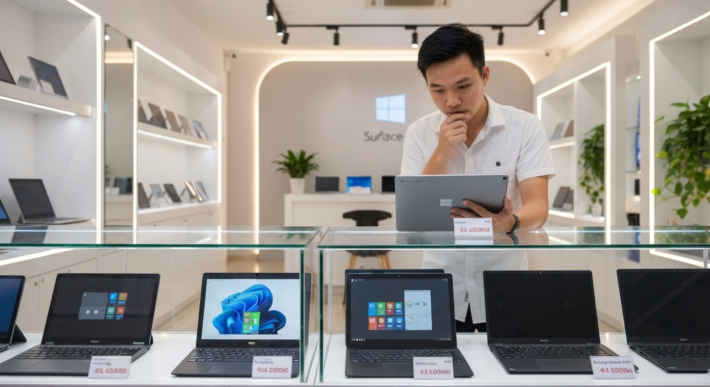 Nhiều mẫu Surface cũ giá rẻ được bày bán tại cửa hàng
