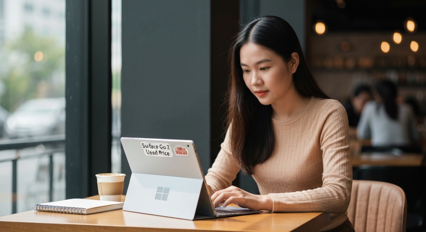 Người dùng đang sử dụng Surface Go 2 để làm việc tại quán cà phê.