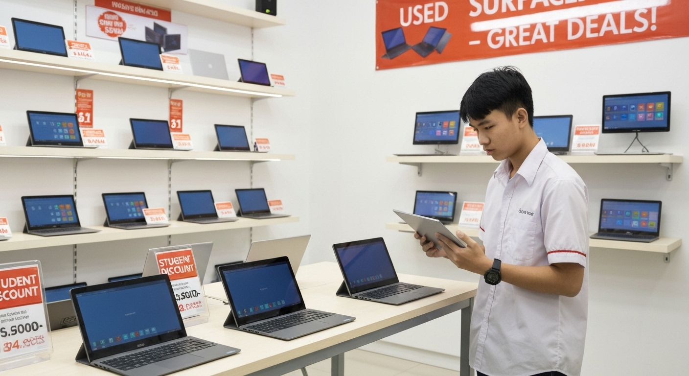 Hình ảnh một cửa hàng bán Surface cũ với nhiều mẫu mã khác nhau.