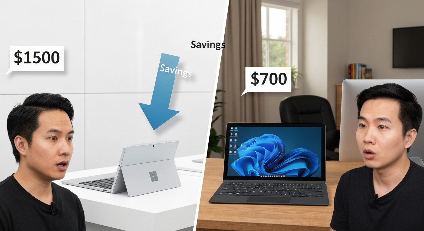 Hình ảnh so sánh giá giữa Surface mới và Surface cũ, nhấn mạnh lợi ích tiết kiệm chi phí.